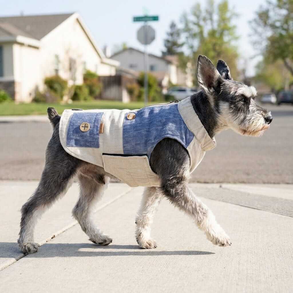 Zipper Pocket Quilted Dog Jacket on a dog walking outdoors, featuring breathable fabric and stylish design by Dogs & Cats.