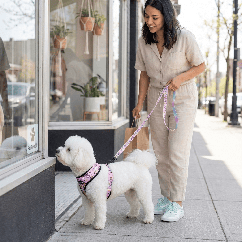 Woman walking a dog with ChicStride Dog Harness & Leash in a stylish outdoor setting.