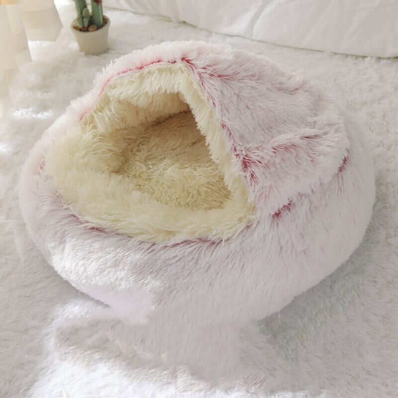 SnuggleNest Plush Cave Cat Bed with soft plush fabric and cozy cave cover for Cats & Dogs.