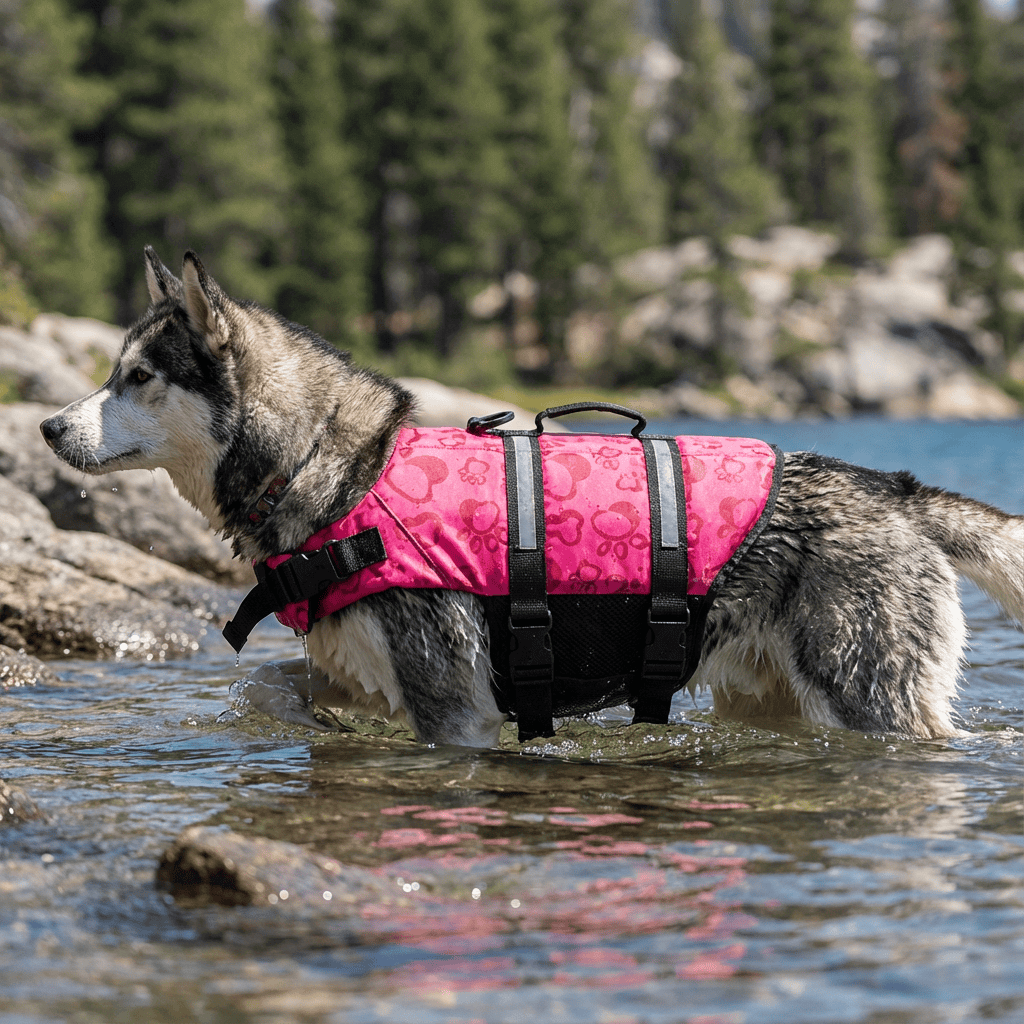 Dog's Life Jacket by Dogs & Cats brand, pink swimwear with adjustable straps for comfort and safety in water.