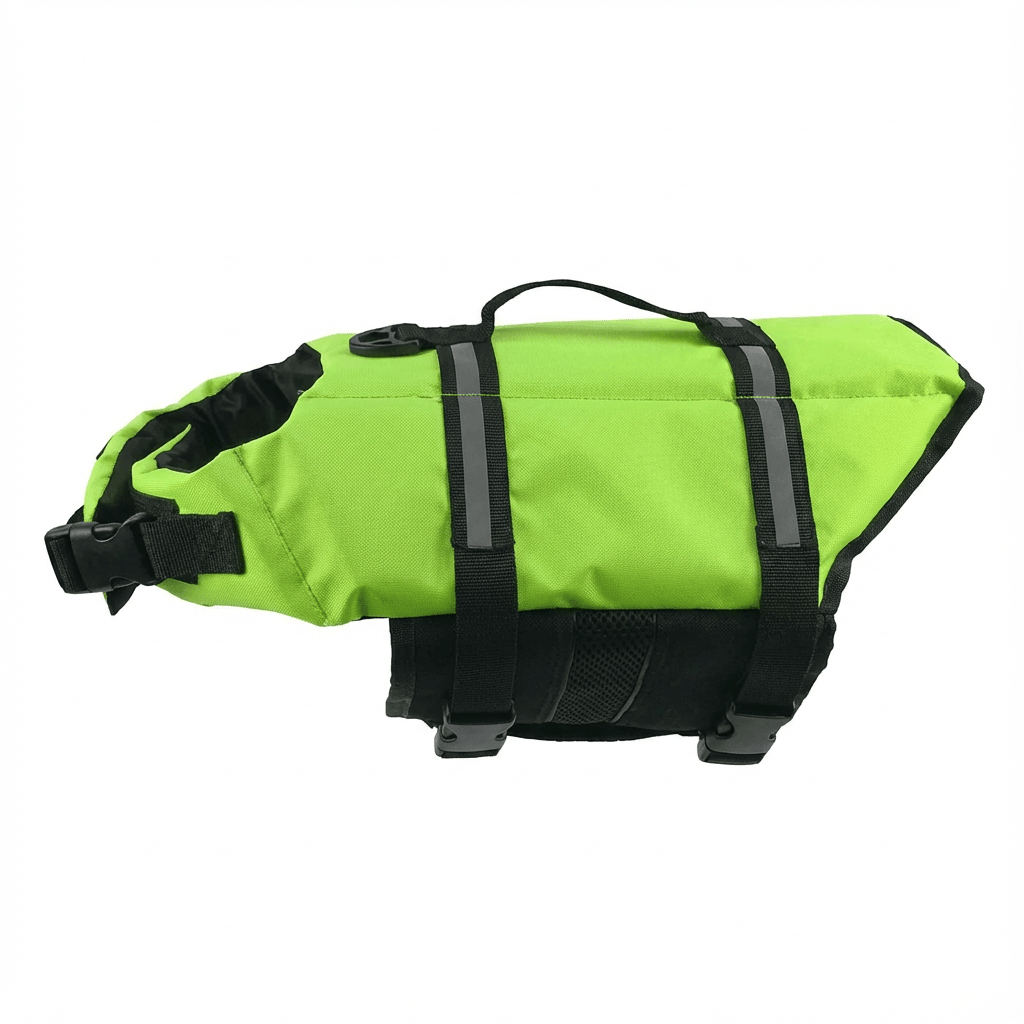 Dog's Life Jacket by Dogs & Cats brand, green dog swimwear with adjustable straps for comfort and security.
