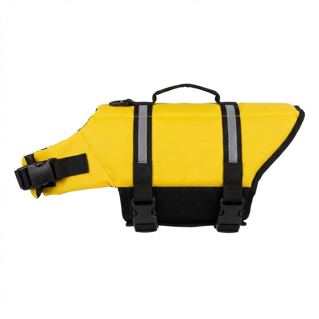Dog's Life Jacket in bright yellow with adjustable straps and secure velcro for comfort, perfect for swimming dogs.