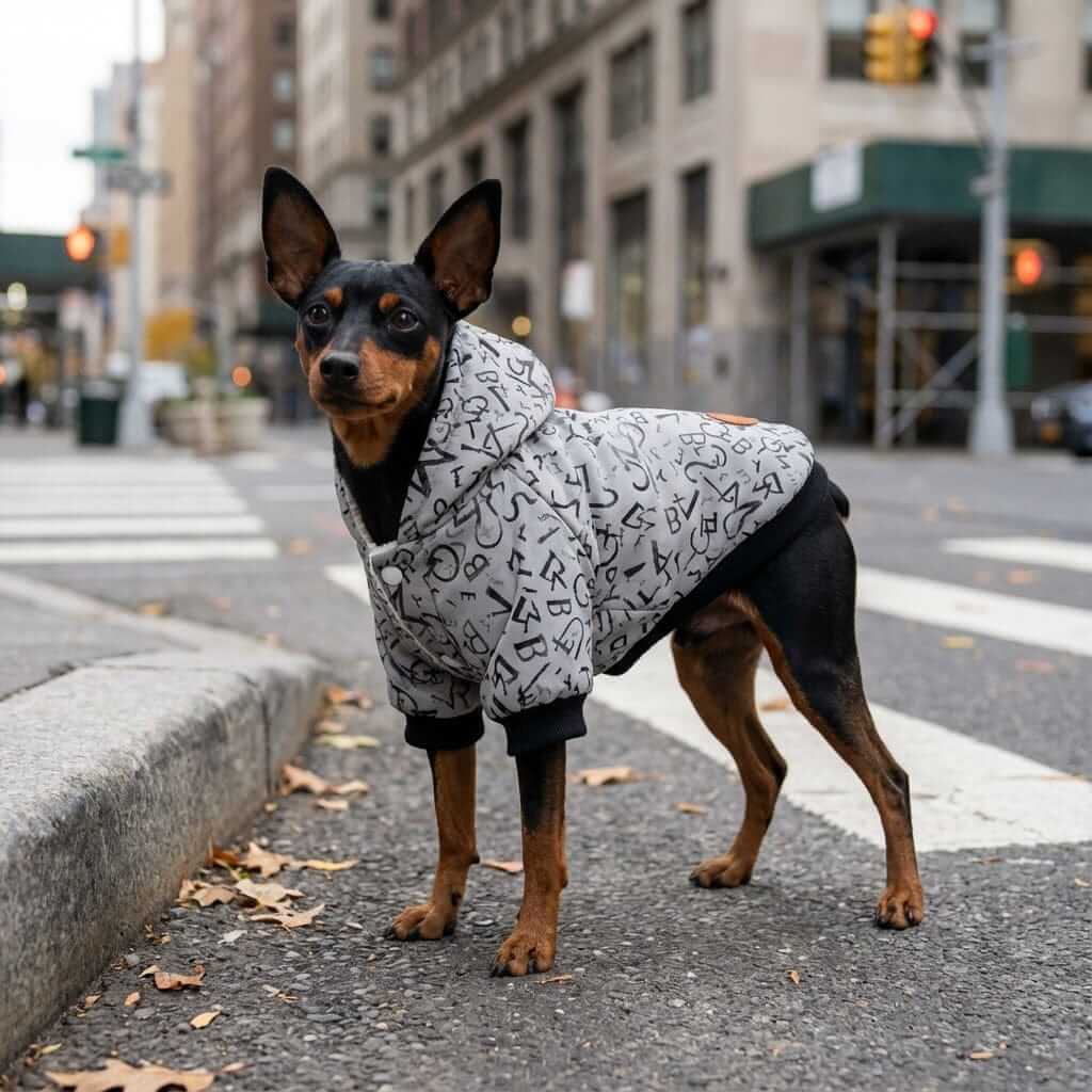 Dog wearing Doing Math Calculations Hoodie on city street, features breathable and cozy design from Dogs & Cats.