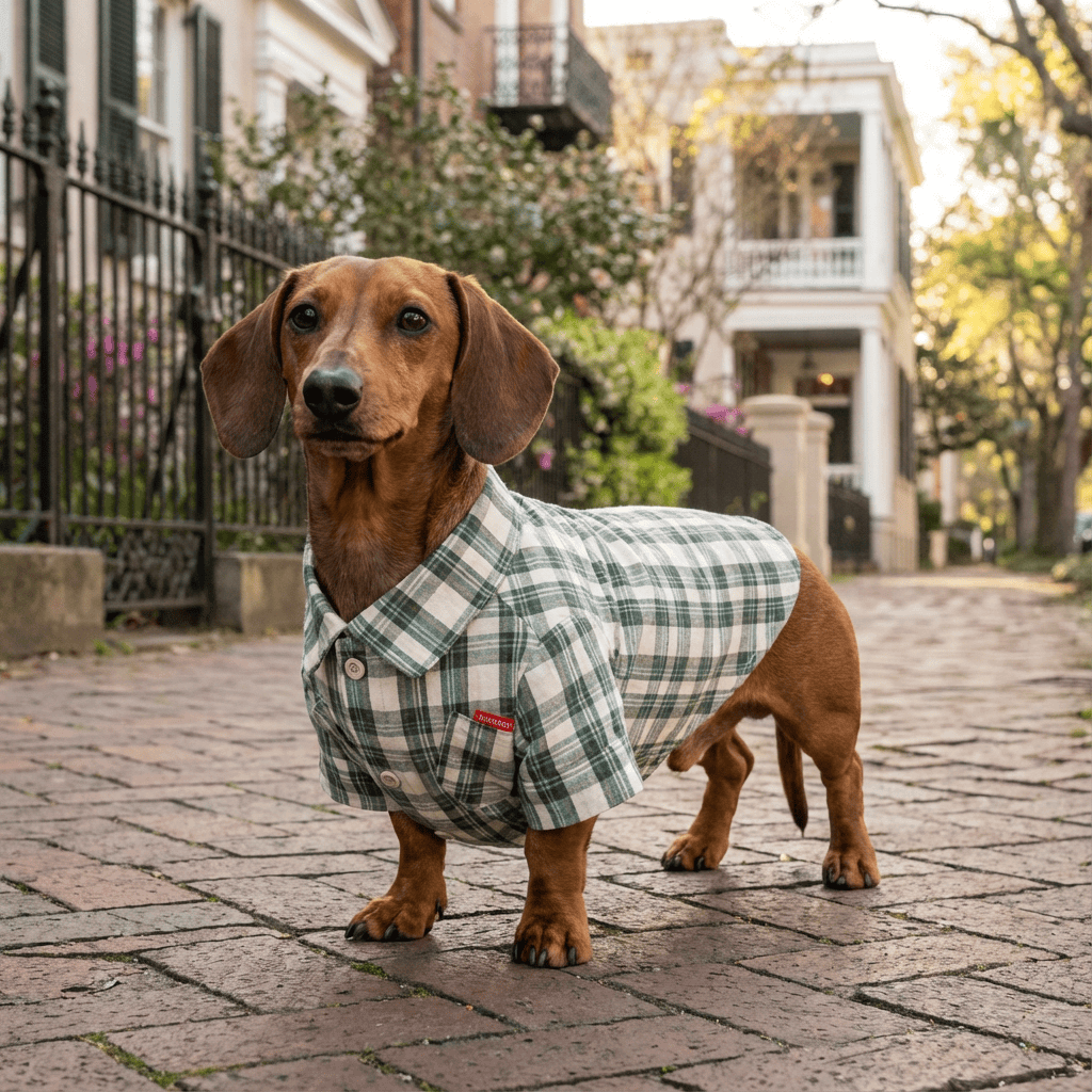 Double Diagonal Pocket Dog Plaid Shirt on a dachshund, featuring soft fabric, button-up closure, short sleeves, comfortable fit.
