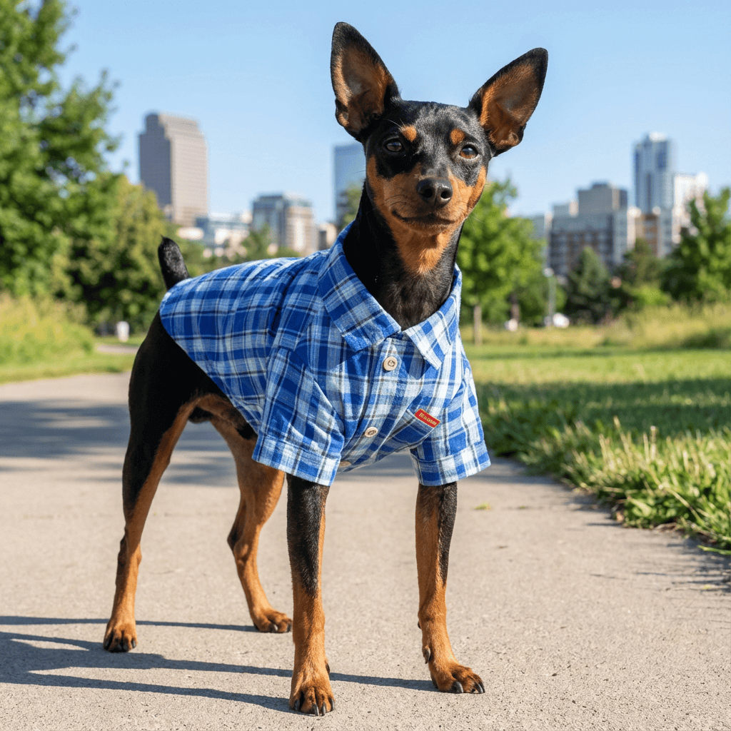 Double Diagonal Pocket Dog Plaid Shirt on a dog in a park, featuring breathable fabric and comfortable fit for dogs & cats.