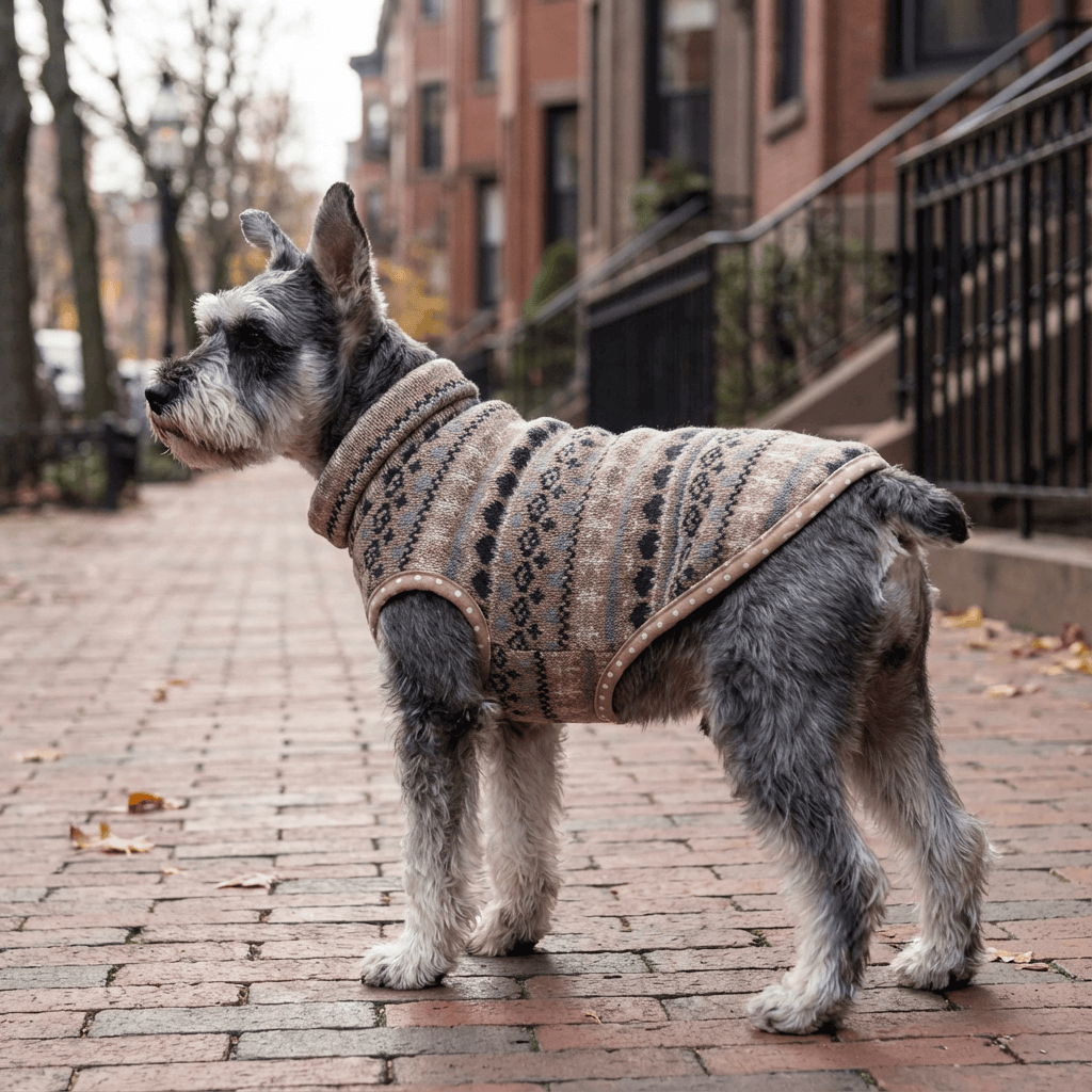 Double-Sided Casual Polka-dot Knitted Dog Vest on a dog showcasing its stylish design and warmth in a cozy outdoor setting.