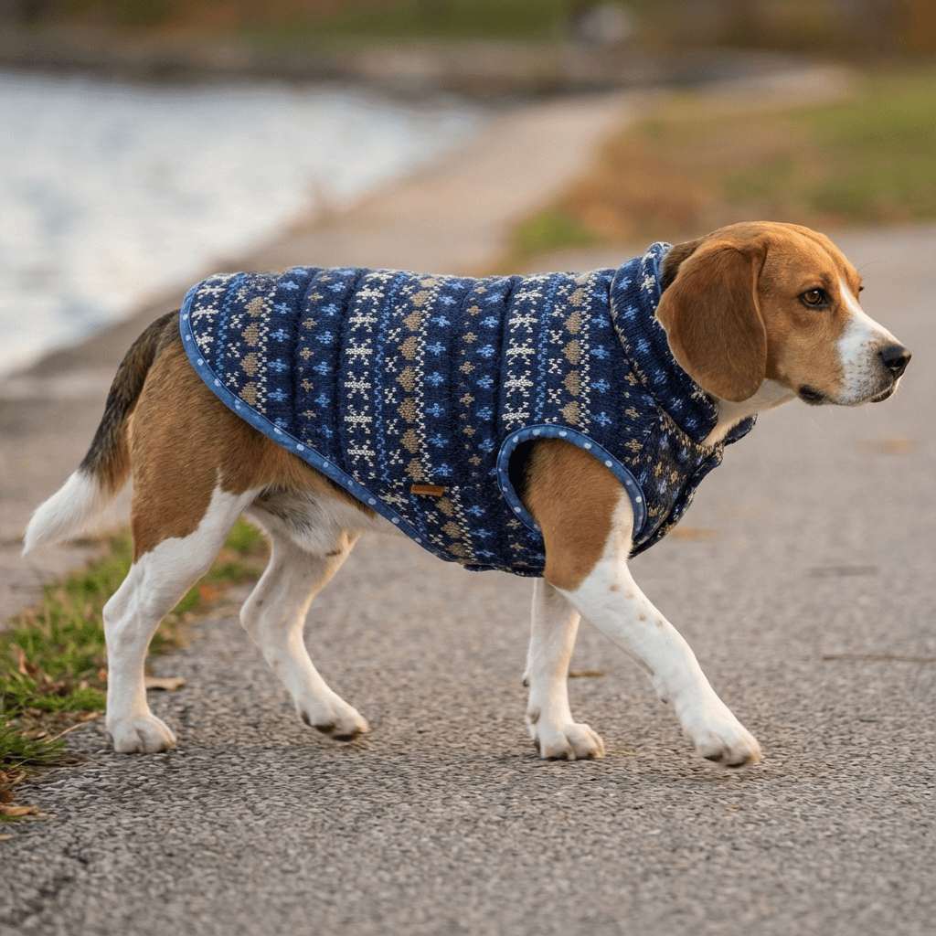 Double-Sided Casual Polka-dot Knitted Dog Vest on a Beagle walking by the water, featuring warm, breathable design.