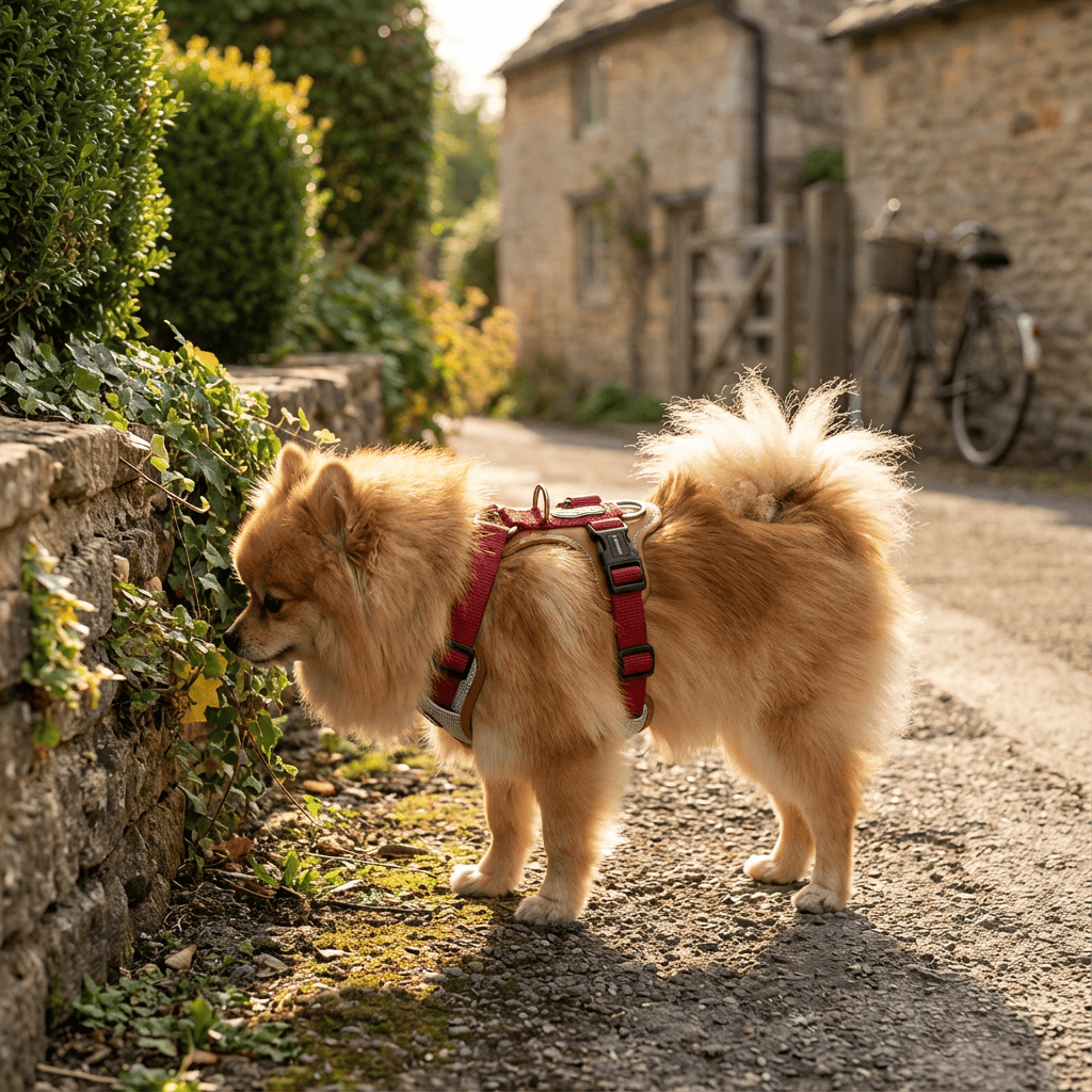 EasyControl Leather Dog Harness on a Pomeranian exploring outdoors in a stylish and comfortable design.