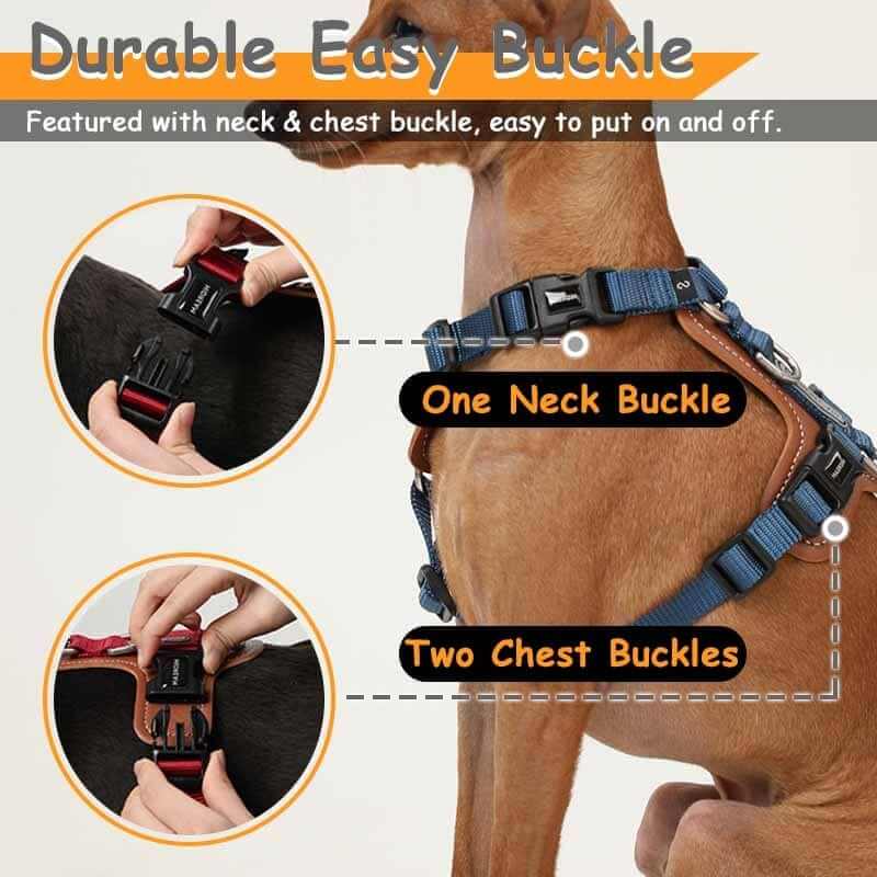 EasyControl Leather Dog Harness features durable easy buckles for quick fitting on dogs, ensuring comfort and control.