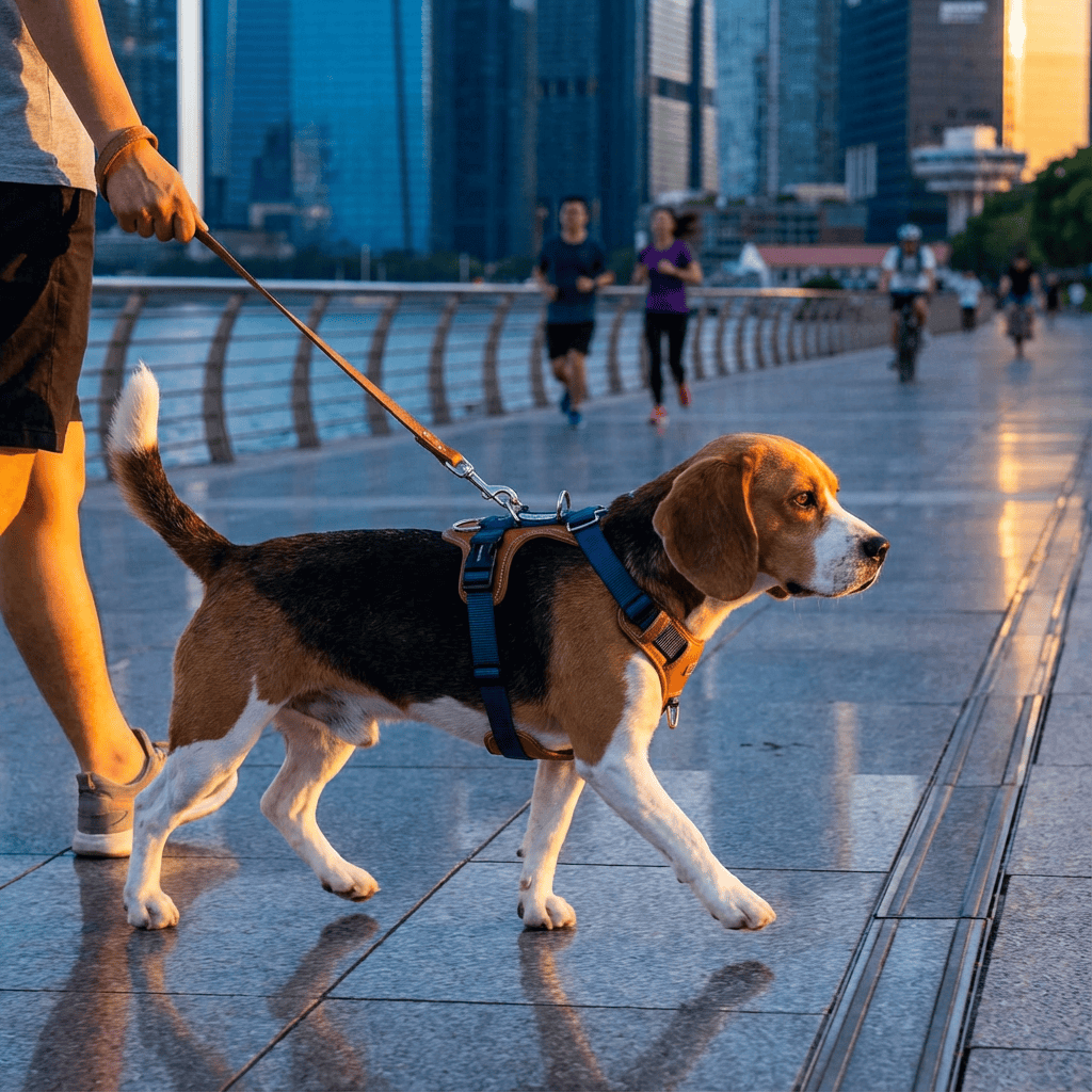 EasyControl Leather Dog Harness on beagle during evening walk, providing comfort and control for dogs by Dogs & Cats.