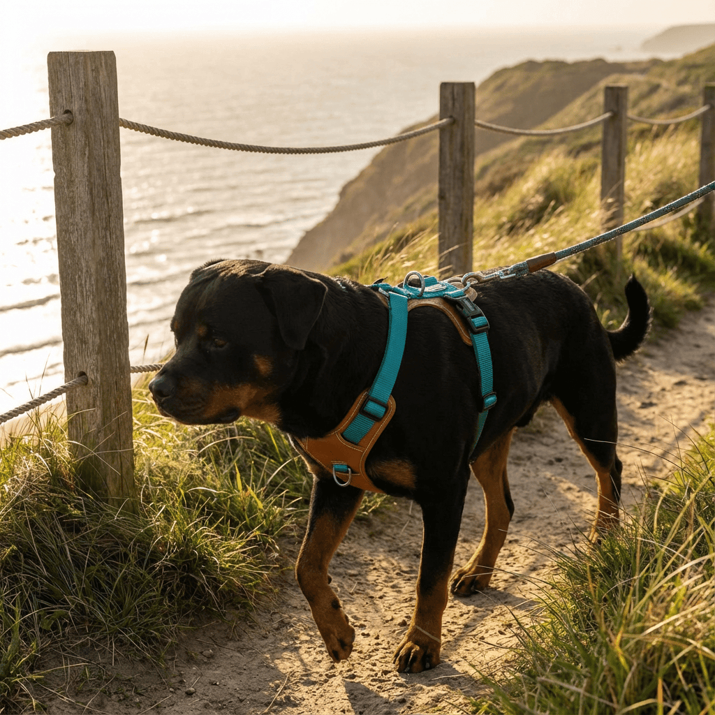 Rottweiler wearing EasyControl Leather Dog Harness during a walk by the seaside, showcasing comfort and control.