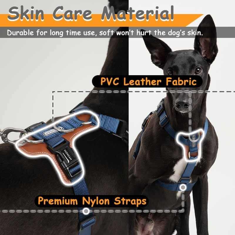 EasyControl Leather Dog Harness showcasing PVC leather fabric and premium nylon straps for comfort.