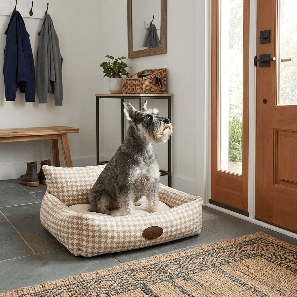 Eco-Friendly Luxury Orthopedic Pet Bed with houndstooth pattern for dogs and cats in stylish home setting