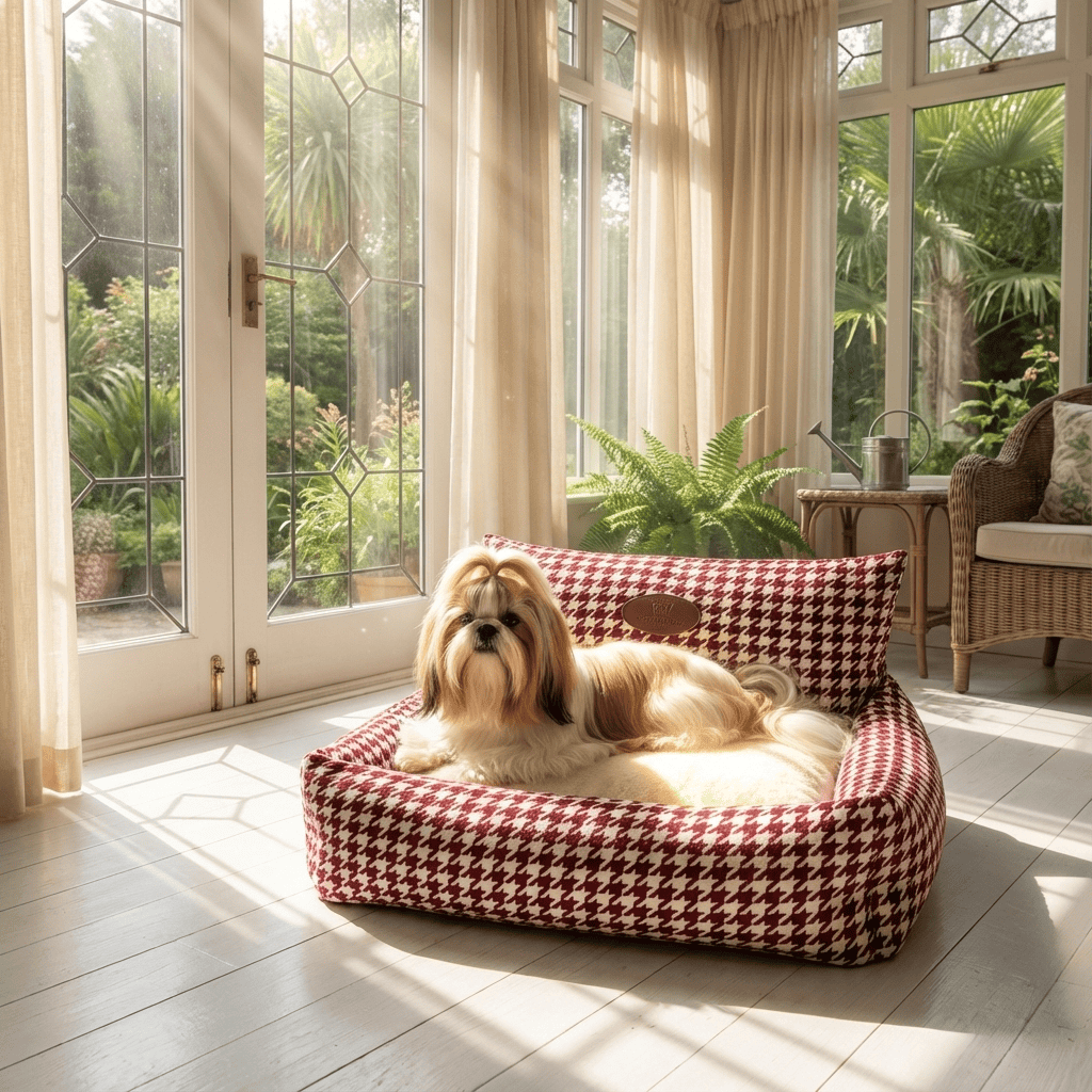 Eco-Friendly Luxury Orthopedic Pet Bed in houndstooth pattern with dog lounging in bright, cozy sunlit room.