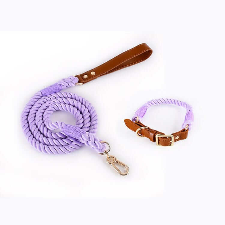 EleganceBound Collar Set featuring a lavender woven cotton rope leash and collar with premium leather accents.