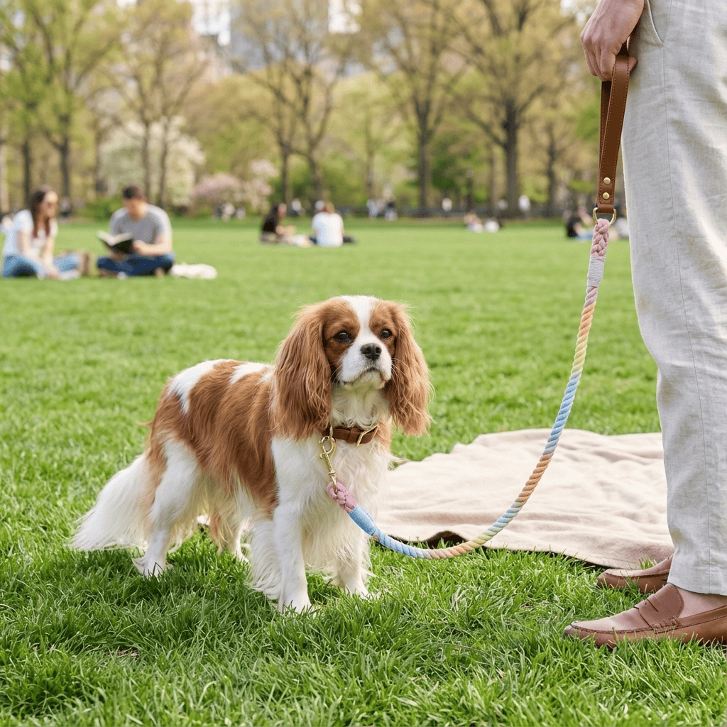 EleganceBound Collar Set for dogs, featuring woven cotton rope and premium leather, showcased in a park setting.