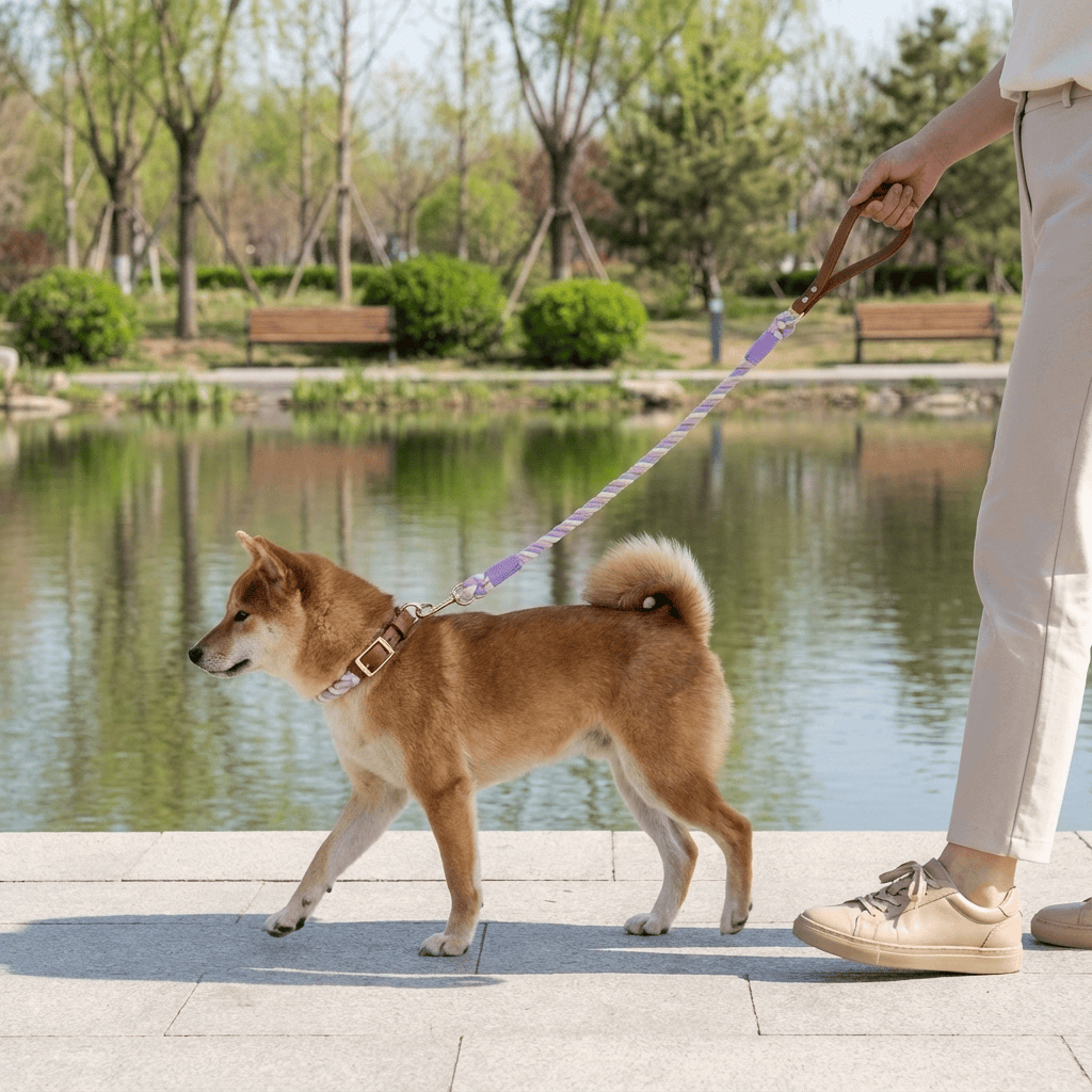 EleganceBound Collar Set on a Shiba Inu, showcasing luxury dog lifestyle with woven cotton and leather features.