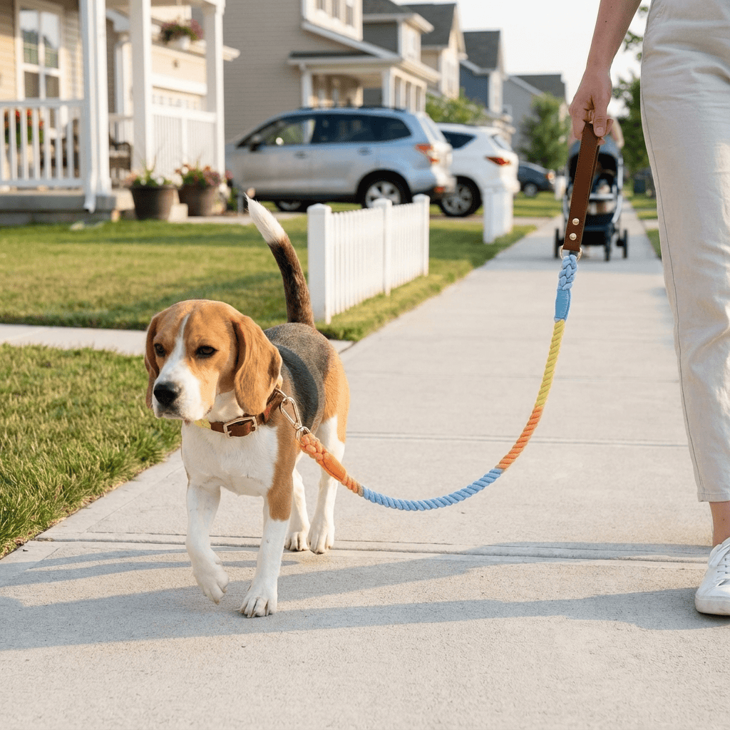 Dog walking with the EleganceBound Collar Set, stylish cotton rope and leather collar for dogs and cats.