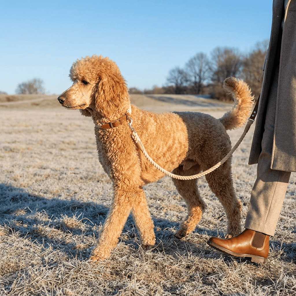 A stylish dog wearing the EleganceBound Collar Set, featuring woven cotton and leather, walking in a frosty field.