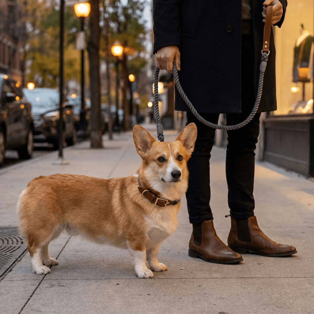 EleganceBound Collar Set on a Corgi during a city walk showcasing luxury and style for dogs.