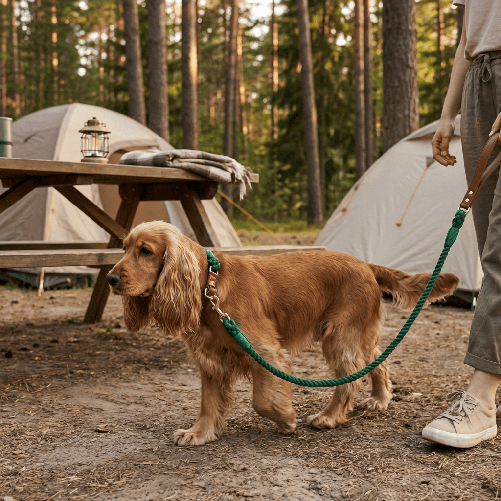 EleganceBound Collar Set on a dog walking in a forest campsite with tents, showcasing luxury and style.