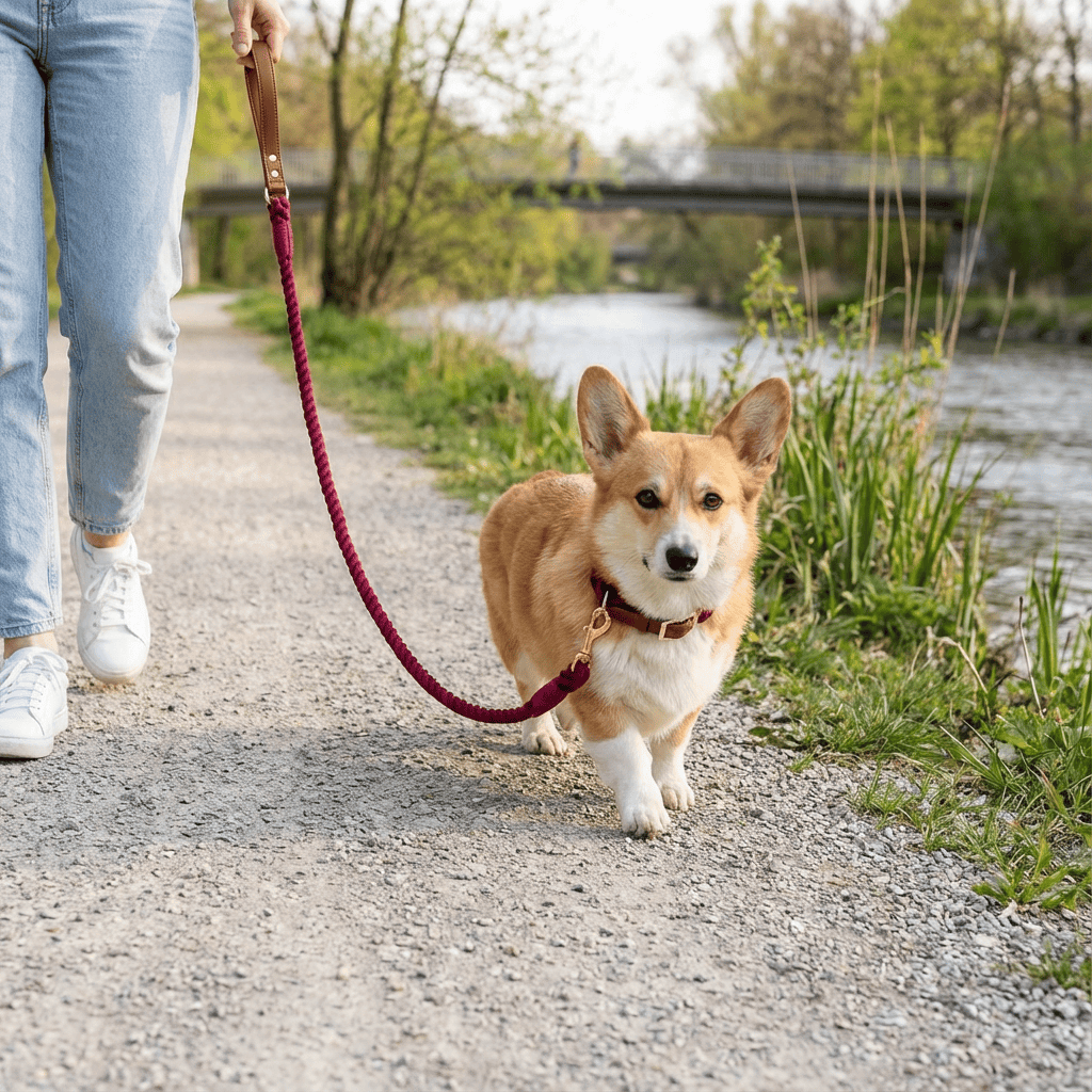 Dog walking with a stylish EleganceBound Collar Set made of cotton rope and leather in a natural setting.