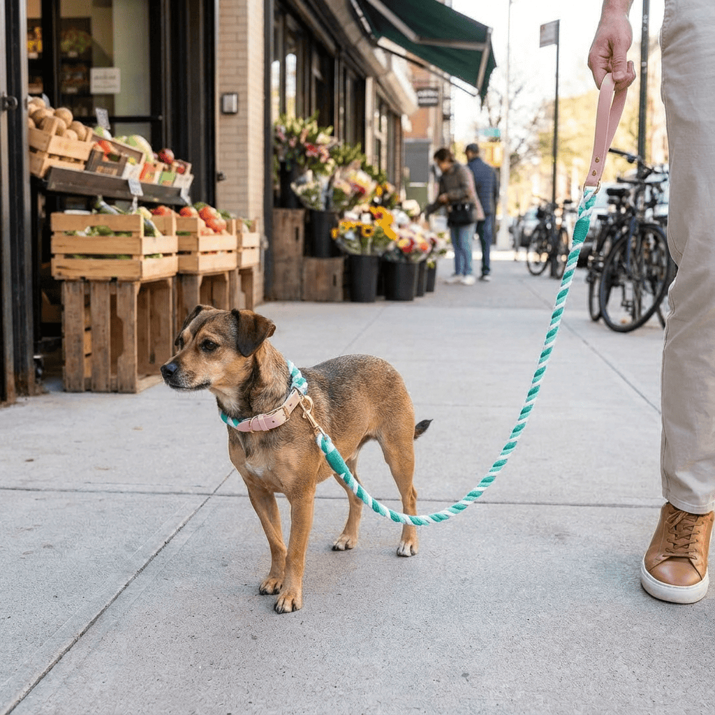 EleganceBound Collar Set for dogs, featuring woven cotton rope and leather, showcased during a stylish walk.