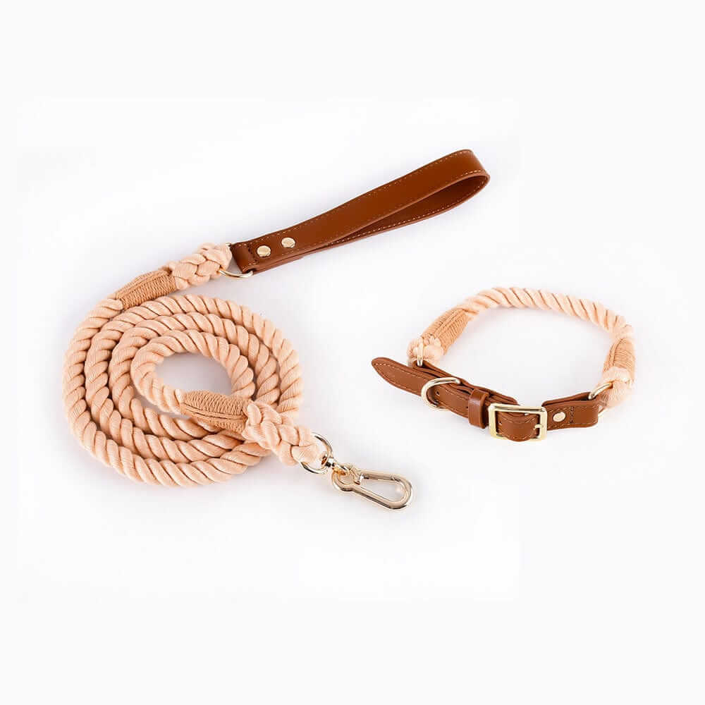 EleganceBound Collar Set featuring a woven cotton rope collar and leash in premium leather for dogs & cats.