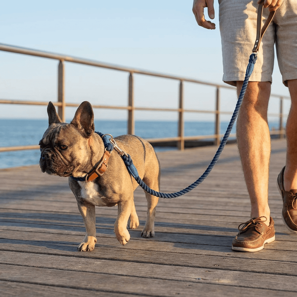 EleganceBound Collar Set showcased on a French Bulldog, paired with a stylish woven cotton rope leash for luxury.