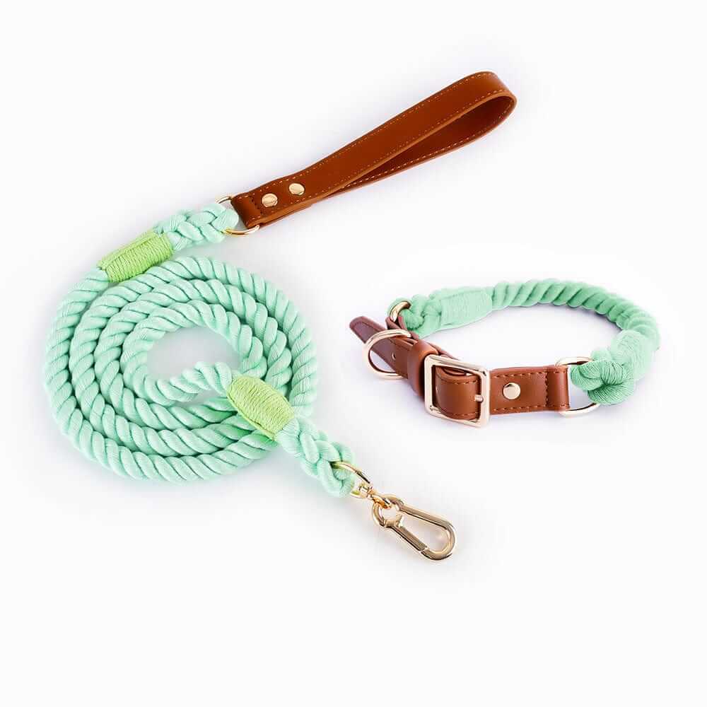 EleganceBound Collar Set featuring cotton rope and leather, stylish dog collar and leash set for Dogs & Cats.