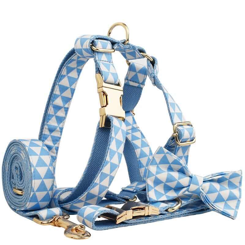 ElegancePaw 4-in-1 Dog Accessory Set featuring a stylish blue harness with leash and bowknot for dogs and cats.