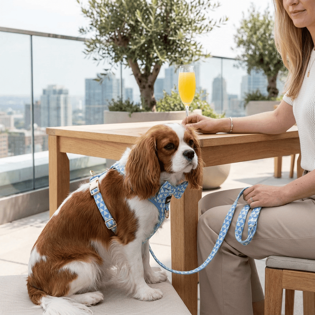ElegancePaw 4-in-1 Dog Accessory Set featuring stylish harness and leash on a dog at a cozy outdoor cafe.