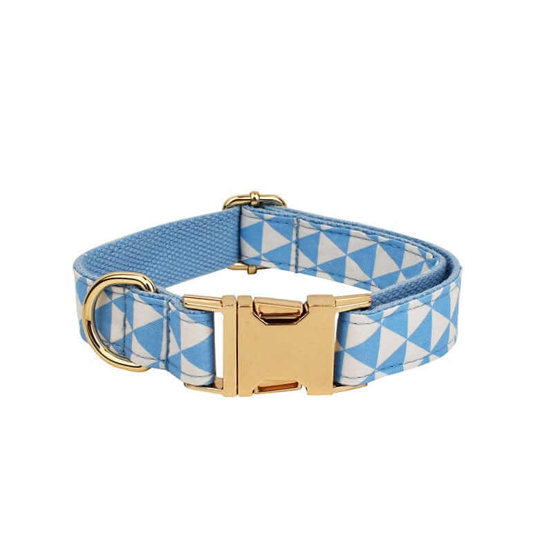 ElegancePaw 4-in-1 Dog Accessory Set collar in blue geometric pattern with gold buckle for stylish dogs.