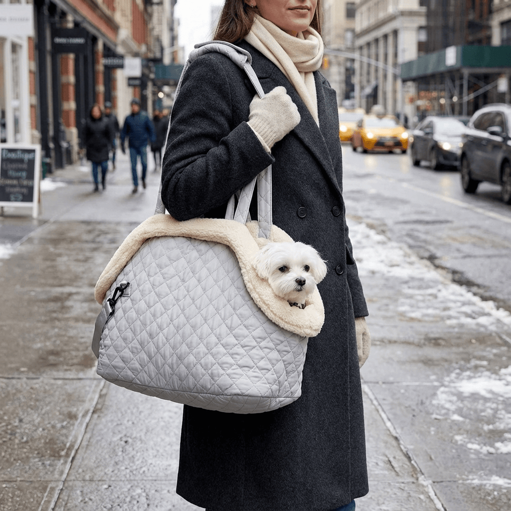 Elegant Quilted Pet Carrier, stylish pet carrier for dogs and cats, chic quilted design, plush interior, travel in comfort.