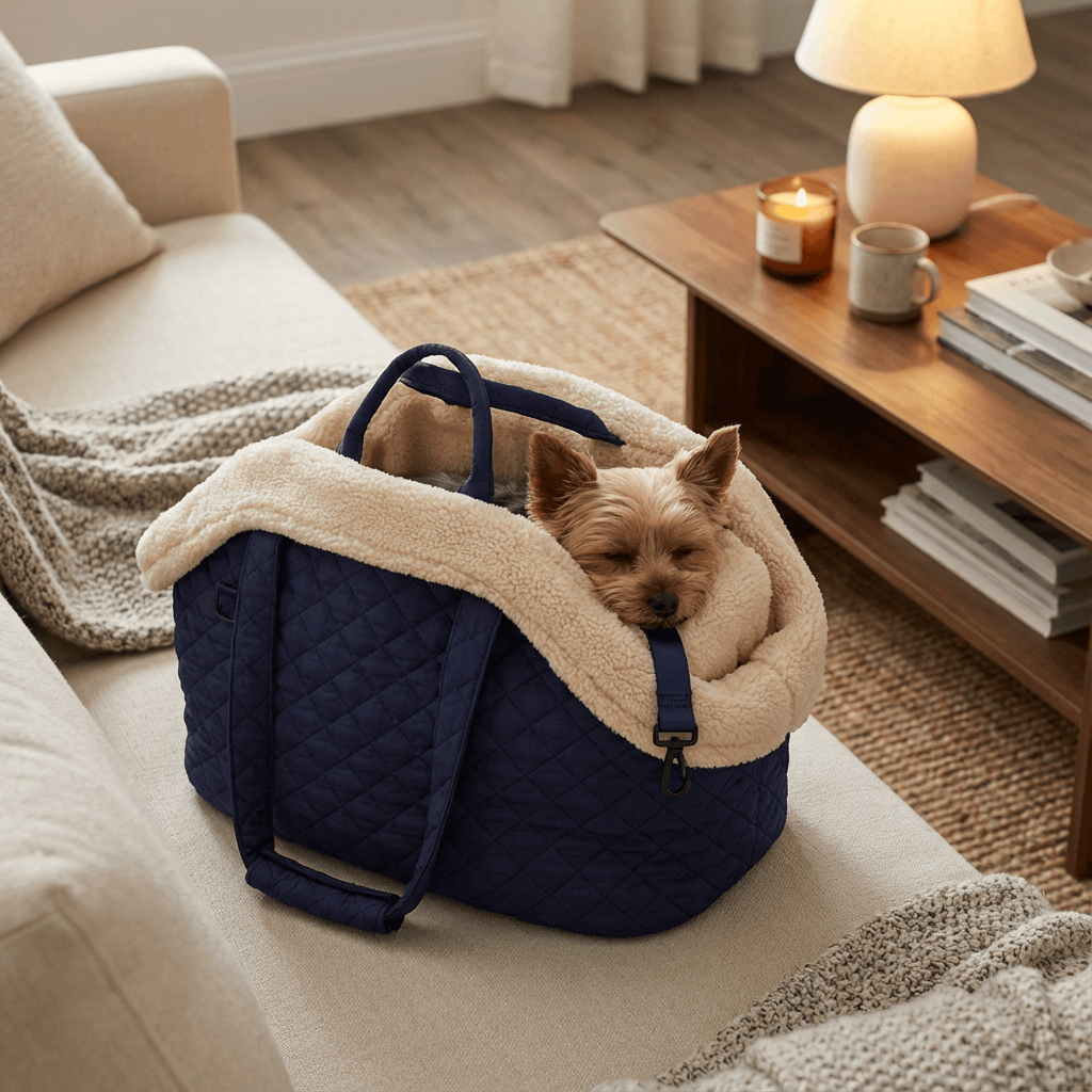Elegant Quilted Pet Carrier with plush interior, perfect for small dogs and cats, enhancing stylish travel comfort.