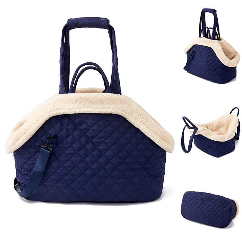 Elegant Quilted Pet Carrier with plush interior, designed for dogs and cats, stylish and comfortable for pet travel.