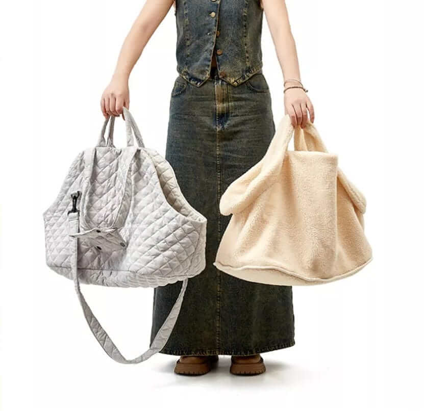Elegant Quilted Pet Carrier with plush interior for dogs and cats, stylish quilted design for chic pet travel.