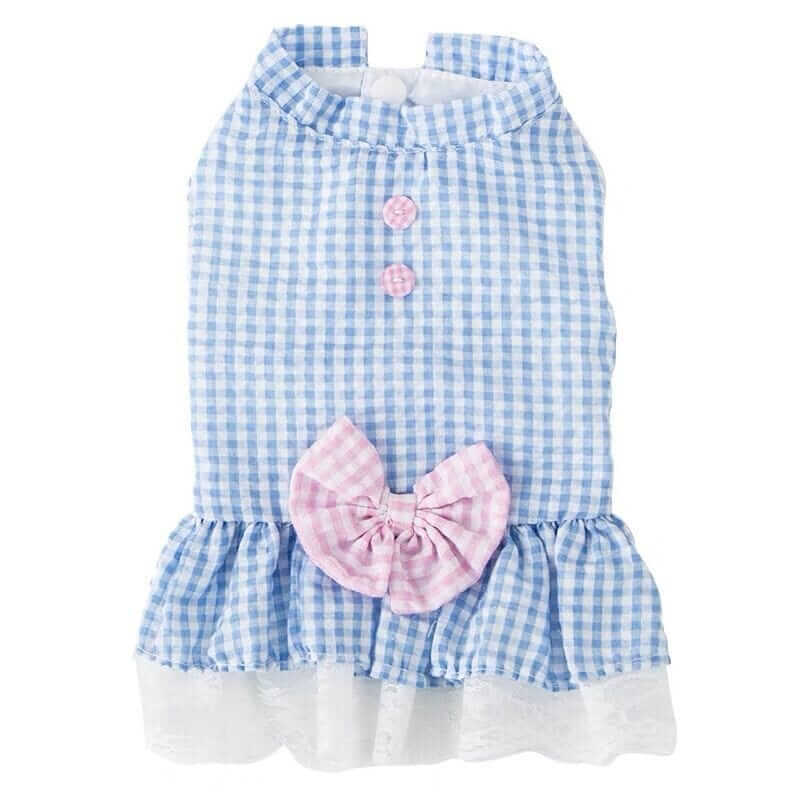 Elegant Summer Pet Dress for Dogs & Cats, features charming blue gingham design with pink bow, perfect for special occasions.