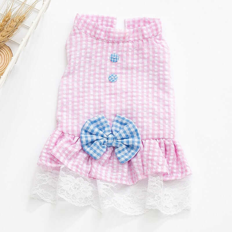 Elegant Summer Pet Dress, charming tutu design for dogs & cats, pink gingham pattern, features bow and lace trim.