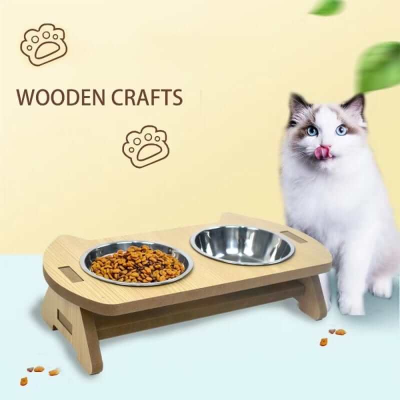 Elevated Cat Bowls with wooden stand for comfortable feeding, designed for cats and small dogs to improve digestion.