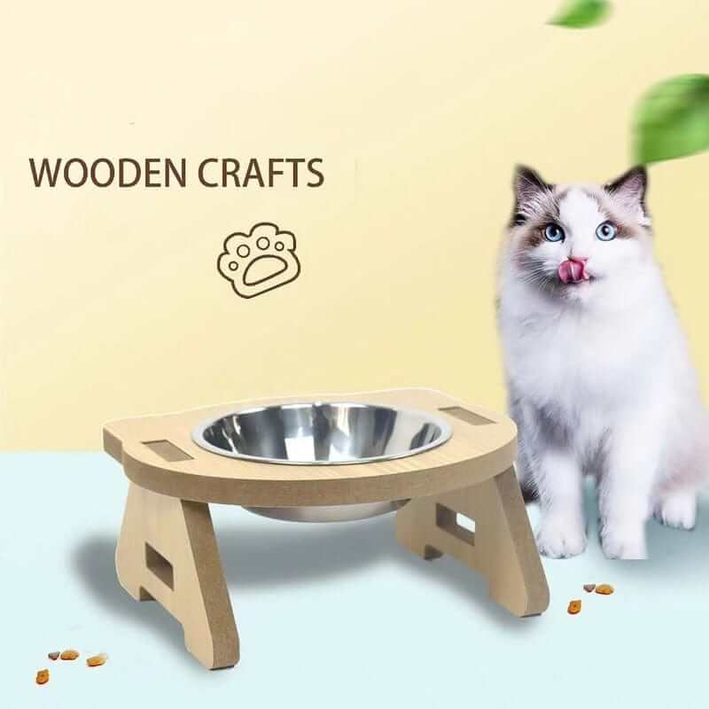 Elevated Cat Bowls with wooden stand for comfortable feeding, designed for dogs and cats, promoting better digestion.