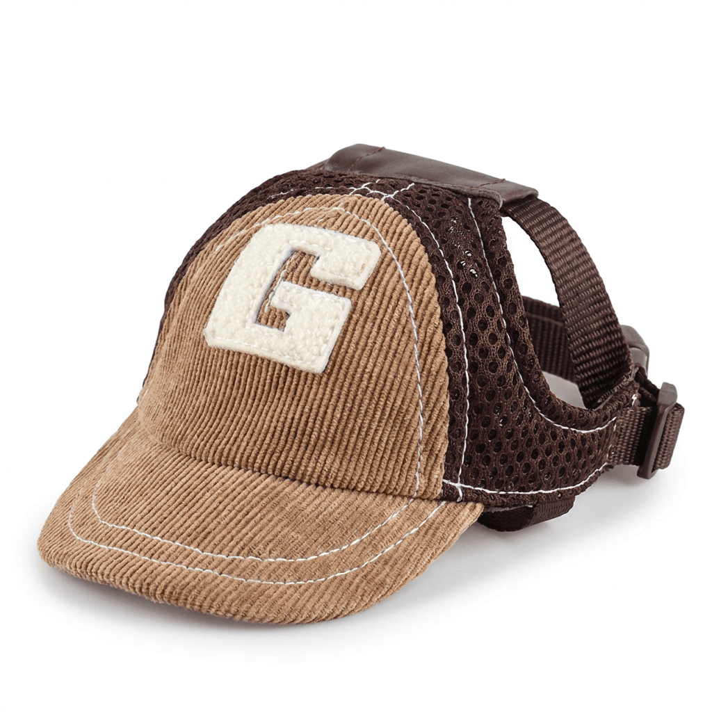 Embroidered G-shaped Dog Hat, soft material, adjustable strap, Dogs & Cats brand, stylish accessory for pets.