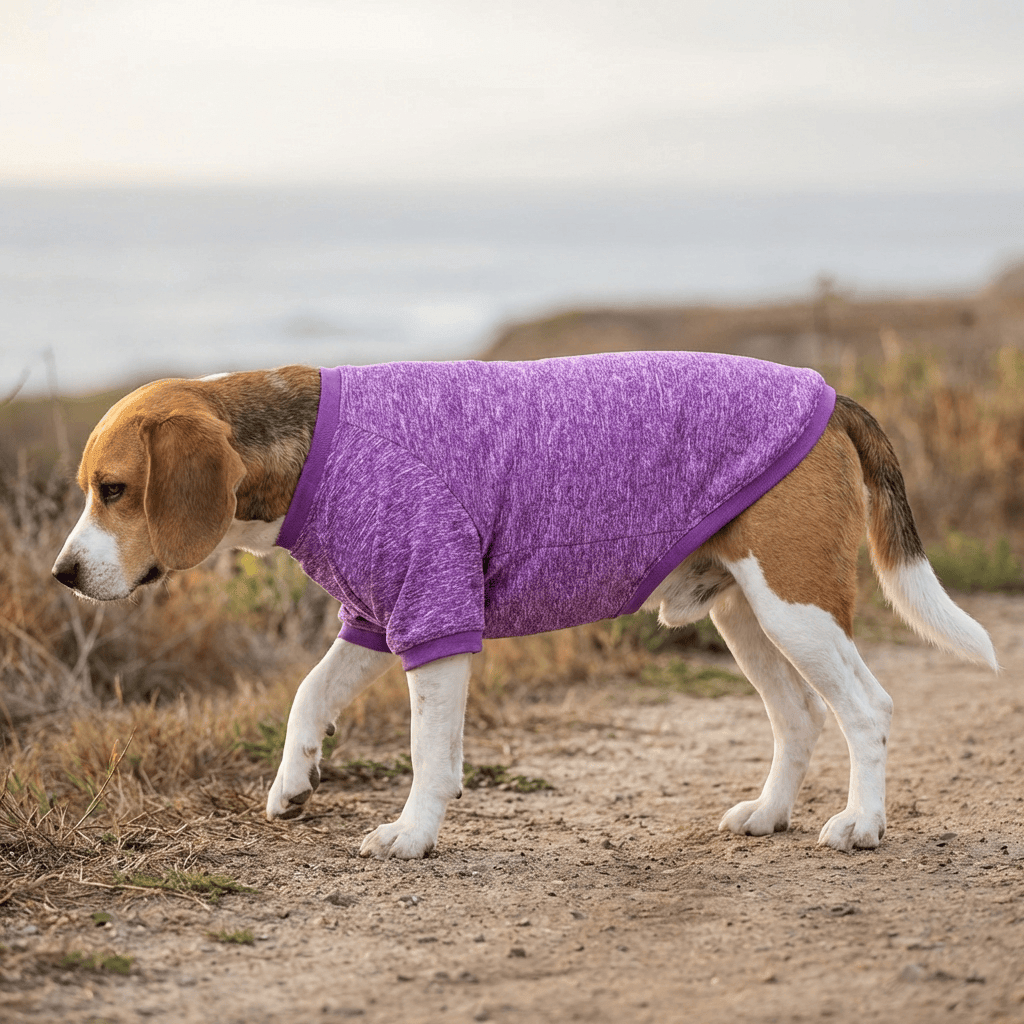 Beagle wearing EverWarm Knit Dog Sweater in purple, designed for comfort and warmth for larger dogs.