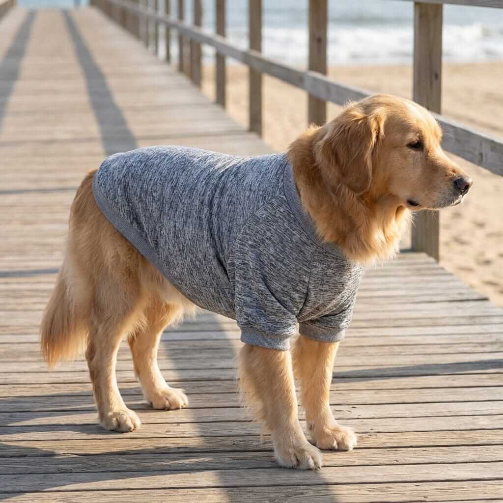 Golden Retriever wearing EverWarm Knit Dog Sweater on a boardwalk, showcasing its comfort and warmth for larger dogs.