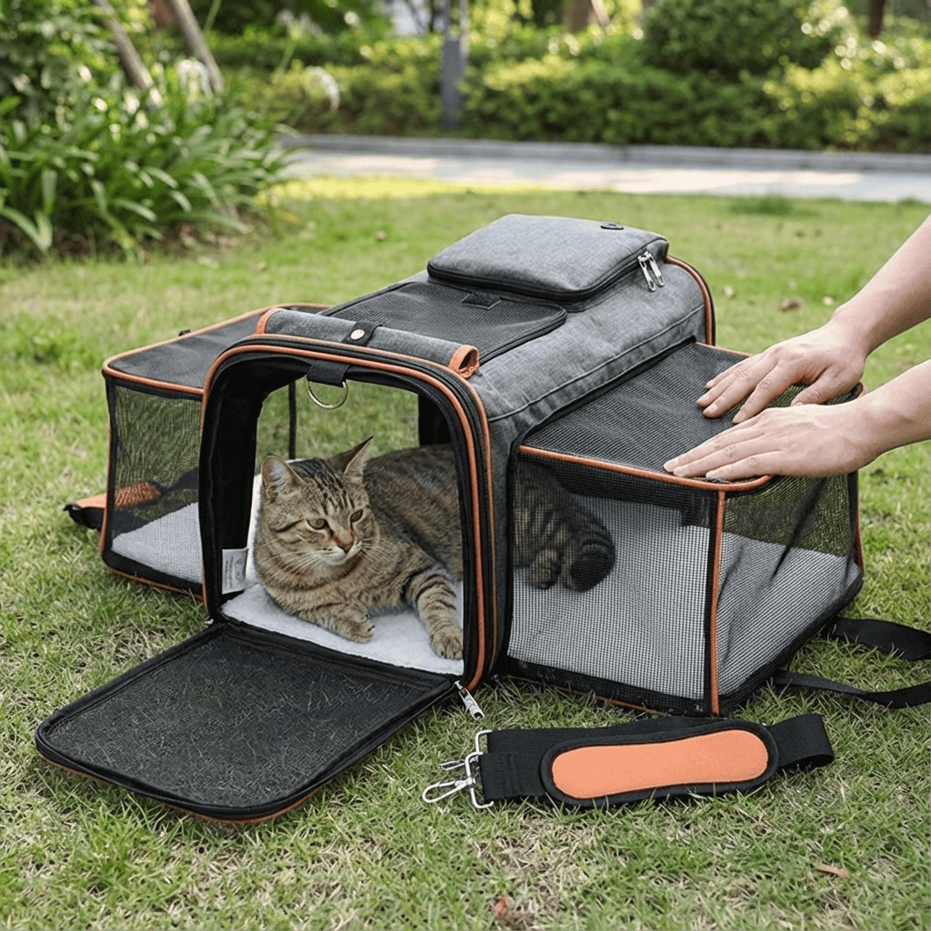 Expandable Large-Capacity Pet Travel Bag for Dogs & Cats with breathable mesh and spacious design.