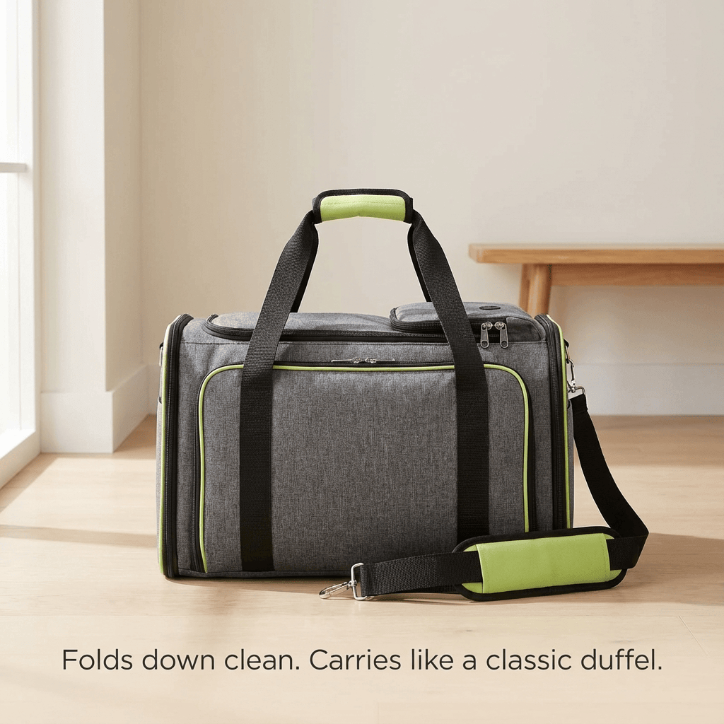 Expandable Large-Capacity Pet Travel Bag for dogs & cats, features breathable mesh, folds down clean, carries like a classic duffel.