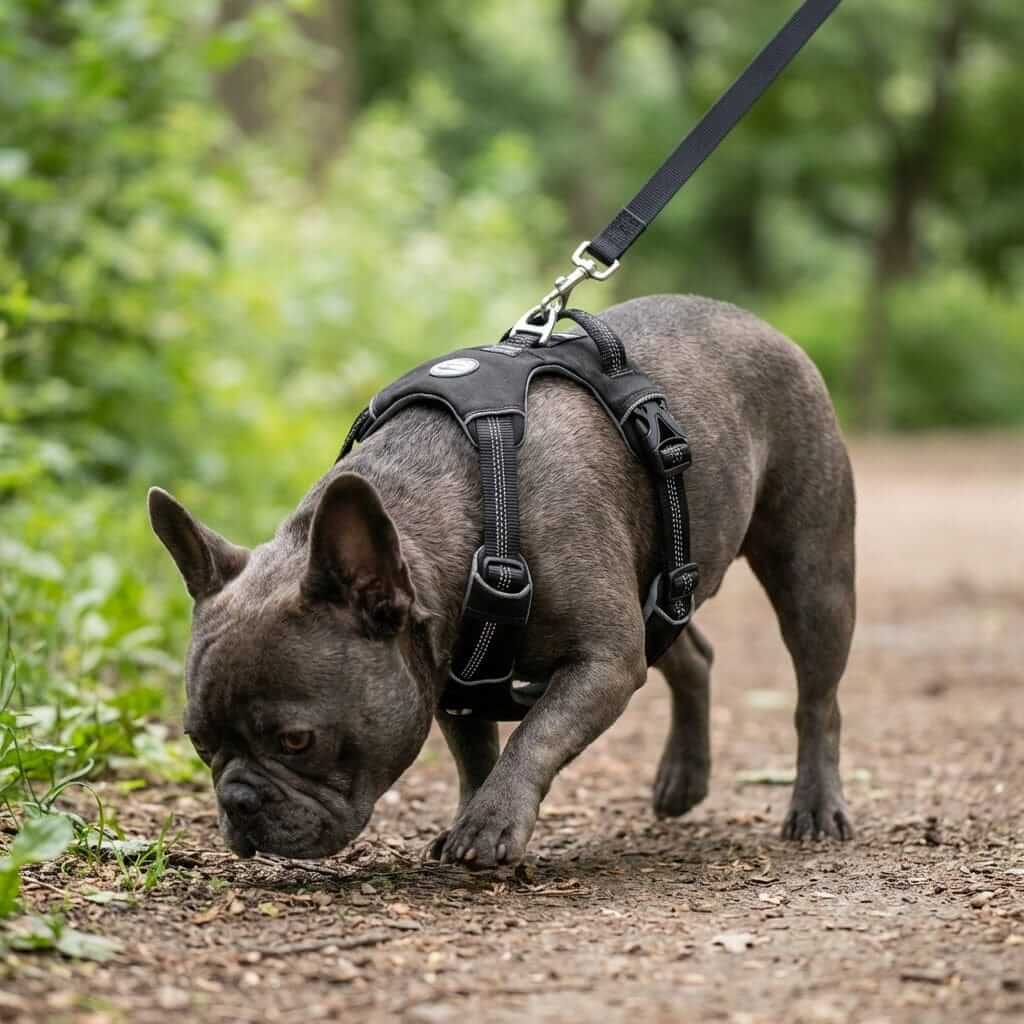 Explosion-proof Dog Walking Harness on a French Bulldog, featuring adjustable straps and rhinestone studs for comfort.