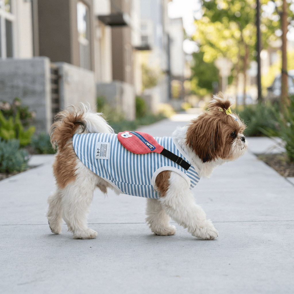 Fanny Pack Dog Vest in blue stripes on a dog, showcasing breathable style and comfort for warmer weather.