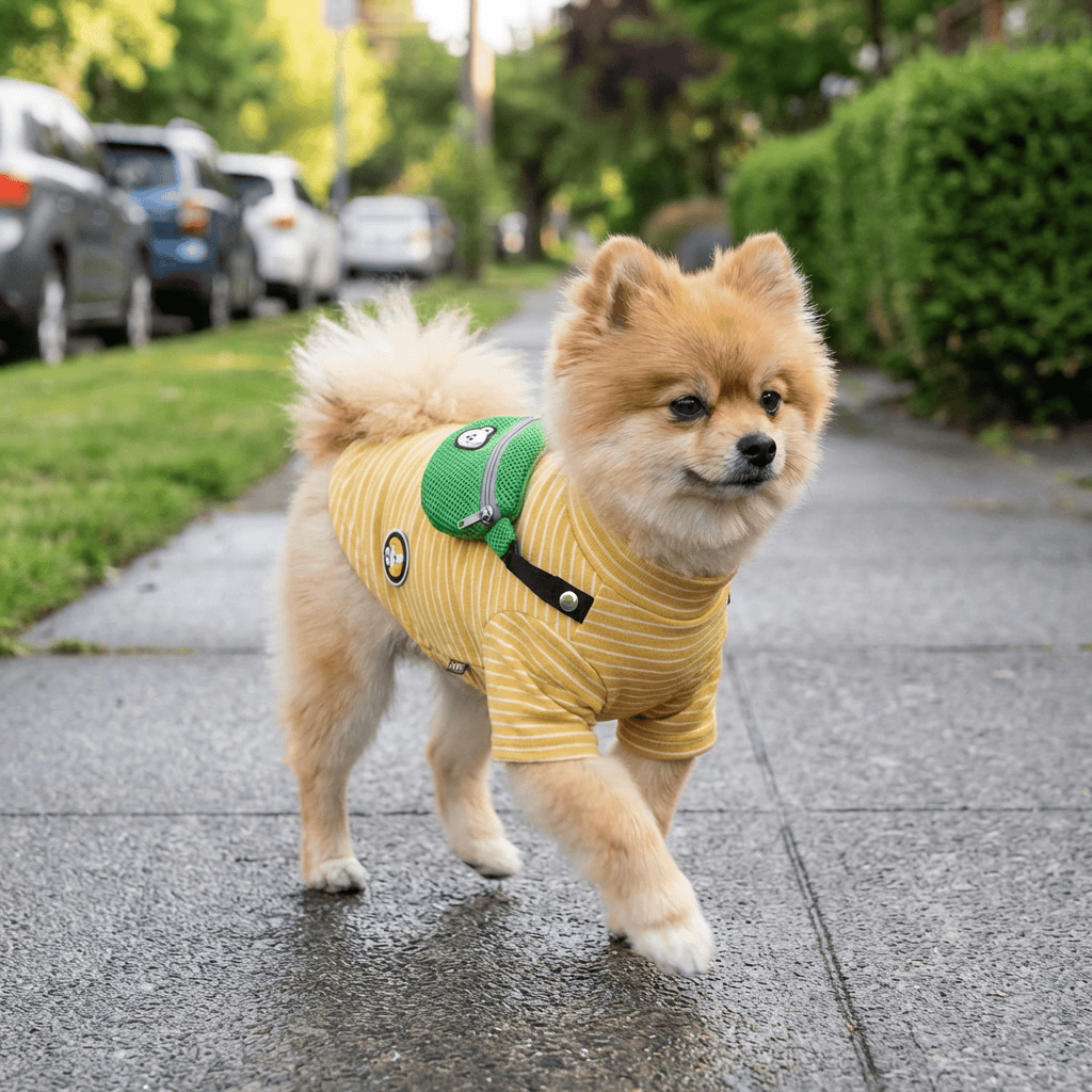 Fanny Pack Striped Dog T-Shirt worn by a fluffy Pomeranian walking on a sidewalk during daytime.