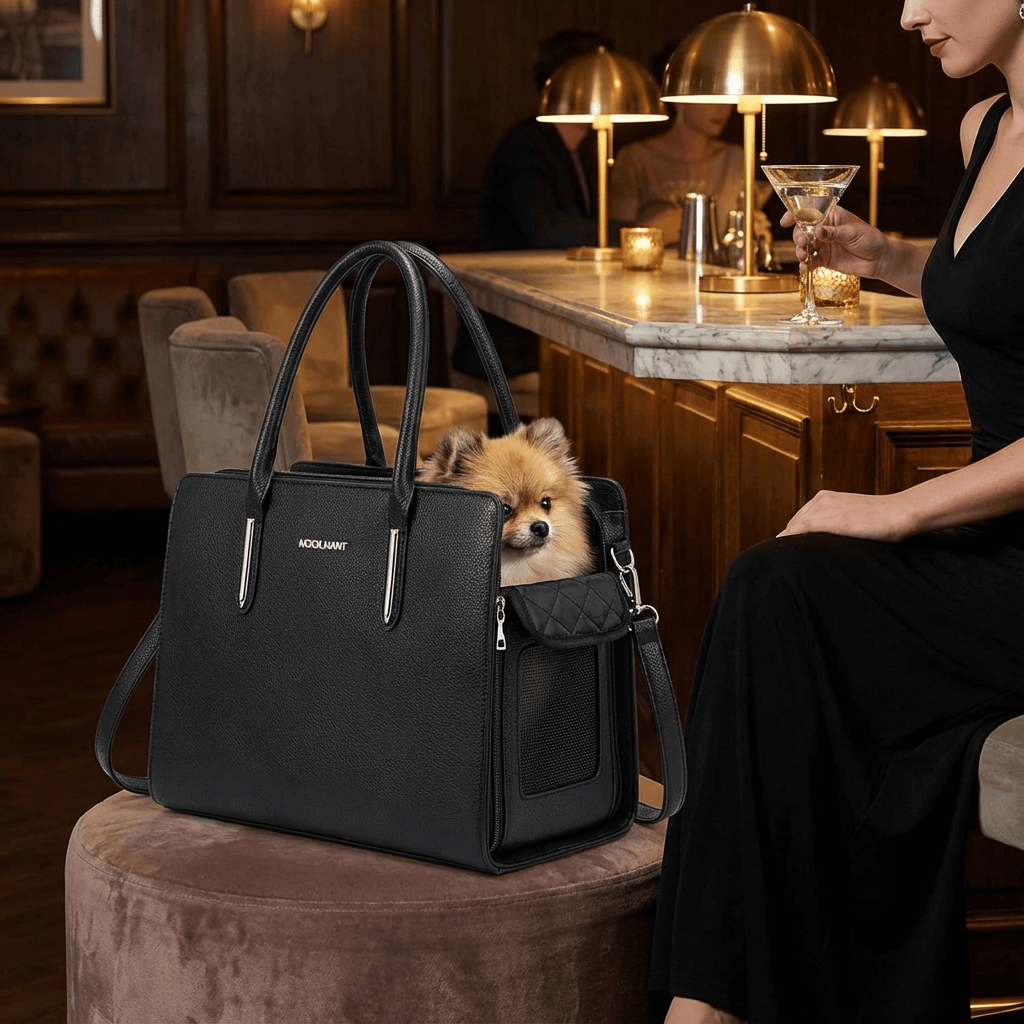 Fashion Forward Pet Carrier with stylish black design, featuring a small dog inside, perfect for travel with dogs & cats.